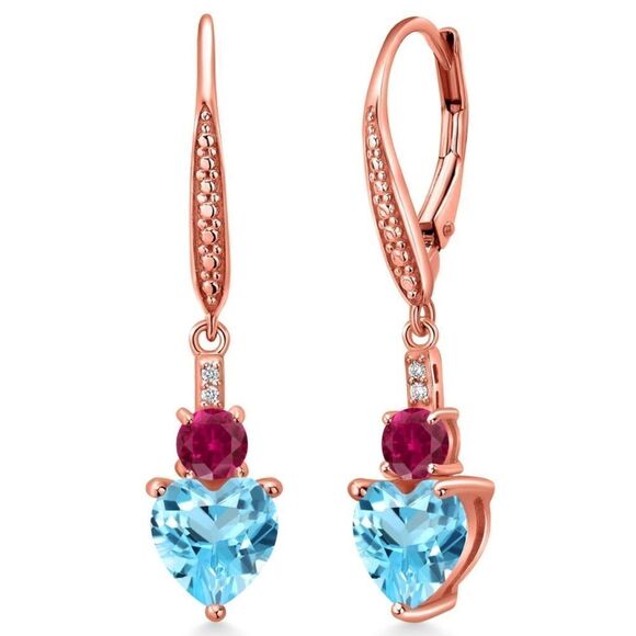 18K Rose Gold with 3.53 Cttw Swiss Blue Topaz and Ruby Heart Drop Earrings